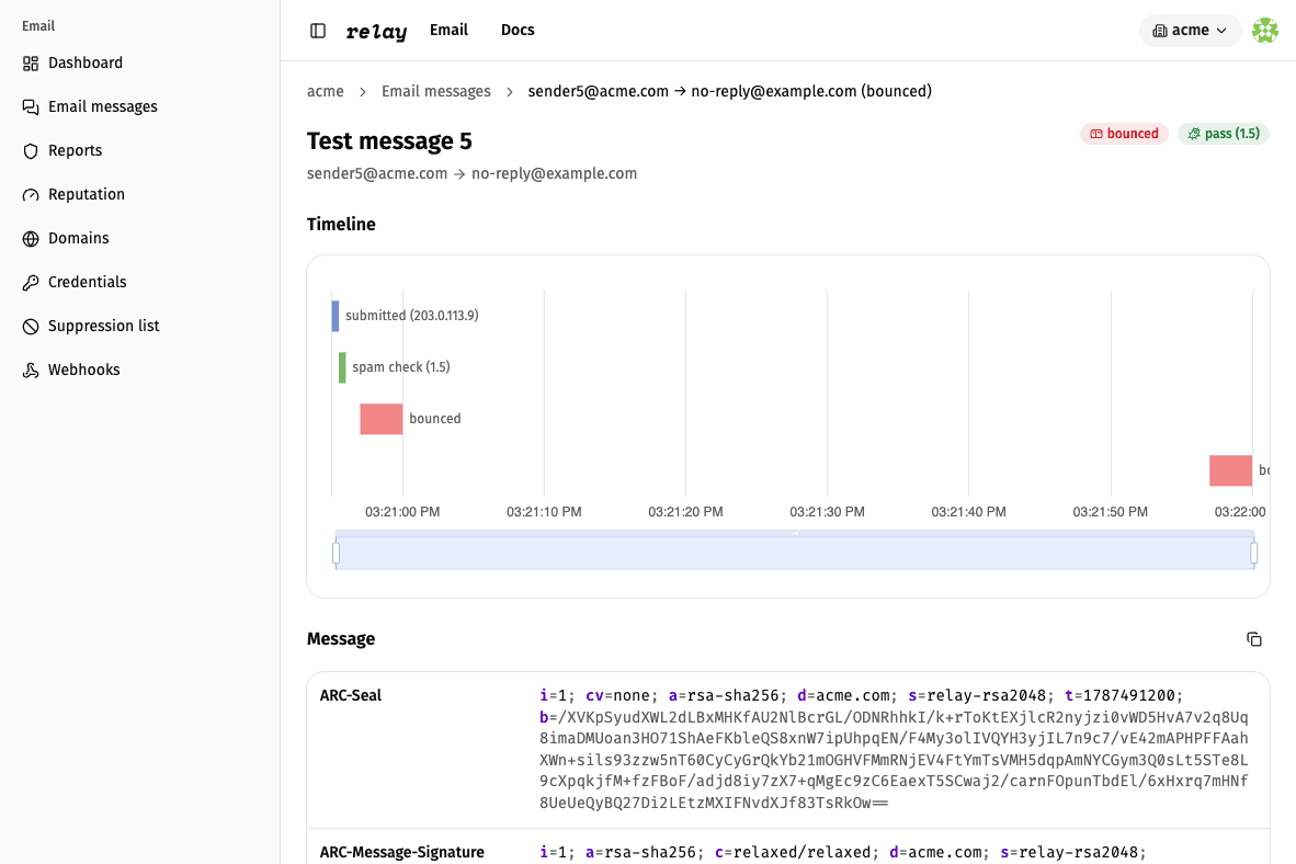 relay message detail with transmission log, headers, and email body