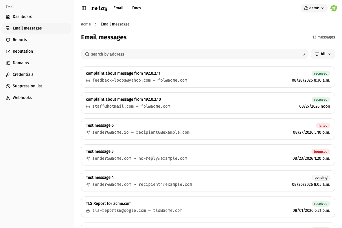 relay email message list with filters and delivery statuses